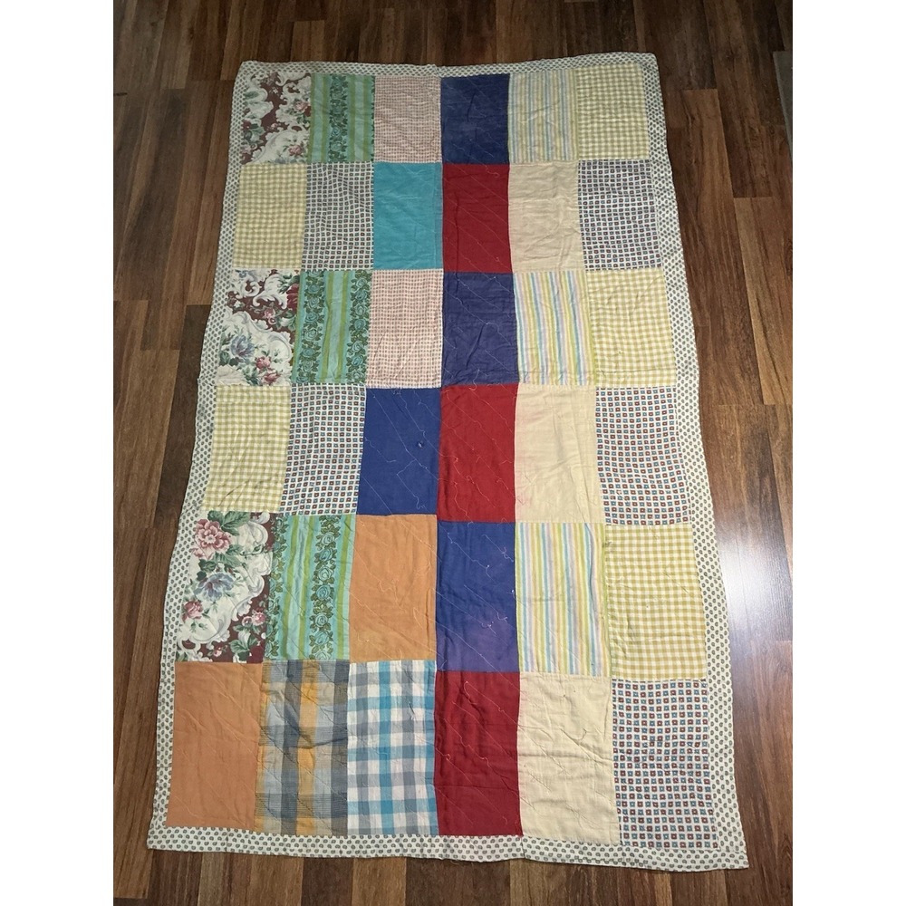 CUTTER QUILT Handmade Vtg Colorful Patchwork Quilt 76in X 45in *Tattered/Worn
